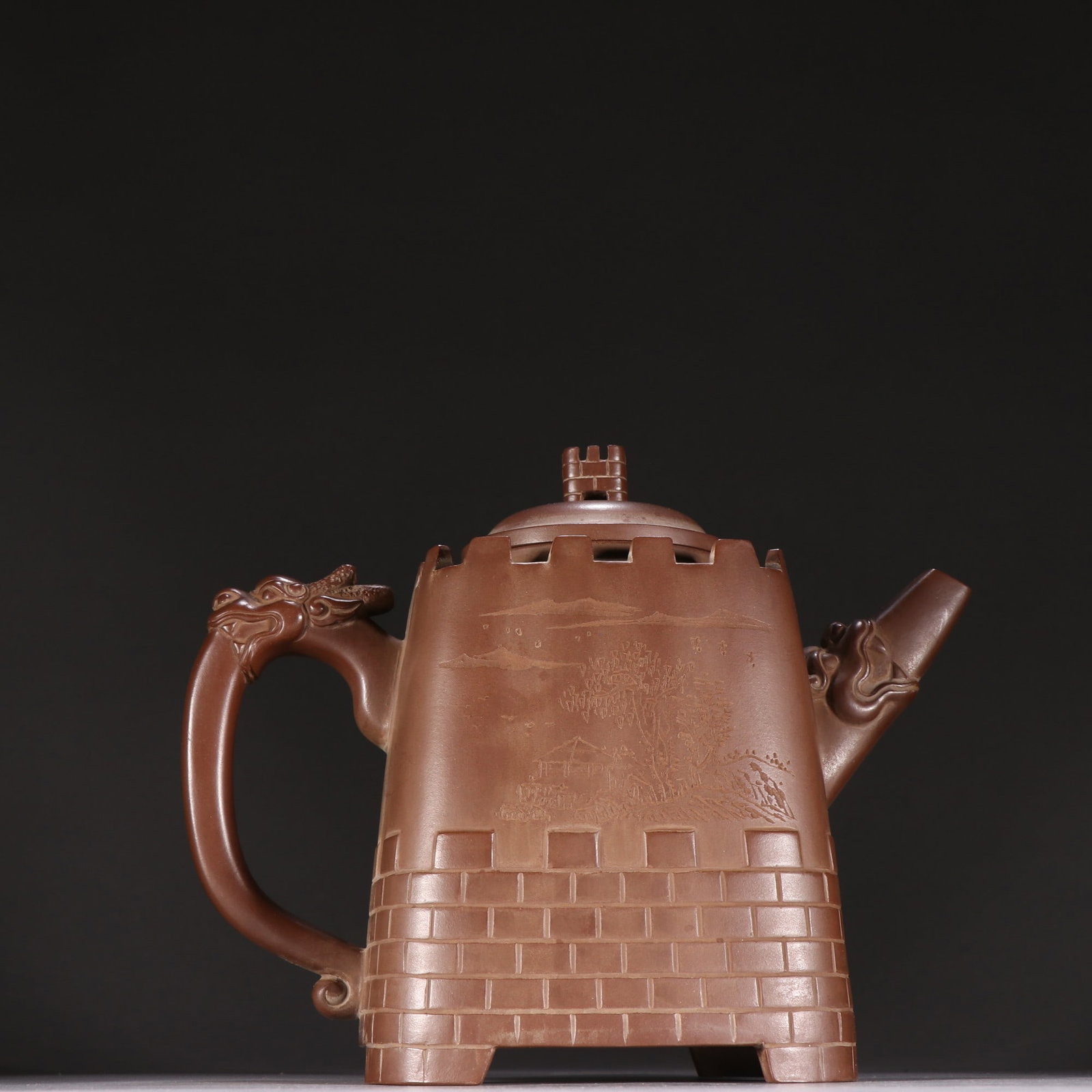 An Exquisite Landscape Pattern Dragon-head Four Legs Teapot: An Exquisite Landscape Pattern Dragon-head Four Legs Teapot,Qing Dynasty,China,With