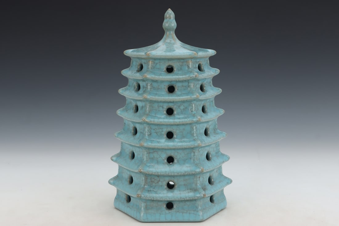 An Exquisite Ru yao Sky Blue Glazed Hollow Pagoda,With an Imperial Poem by Emperor Qianlong: An Exquisite Ru yao Sky Blue Glazed Hollow Pagoda,With an Imperial Poem by Emperor Qianlong,Song Dynasty, China,Size:8.1inx5.1in汝窑天蓝釉镂空宝塔