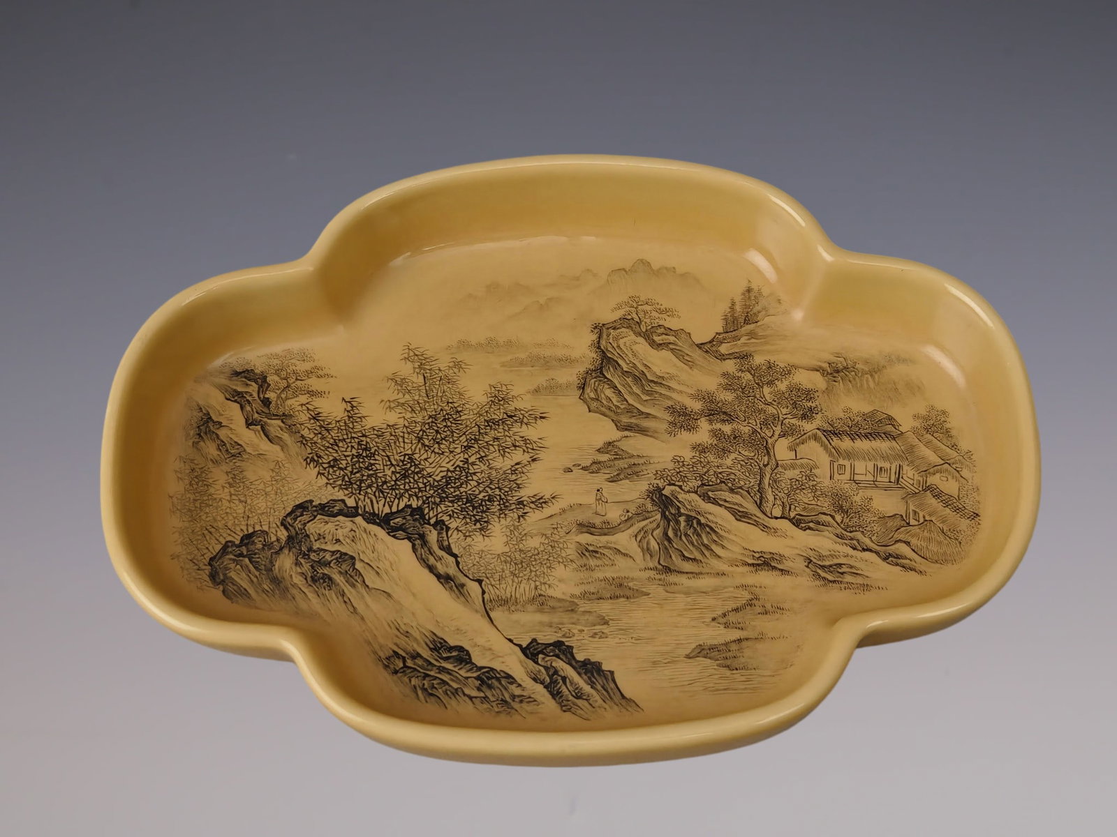 An Exquisite Ink Color Yellow Glazed Landscape and Figure Pattern Brush Washer: An Exquisite Ink Color Yellow Glazed Landscape and Figure Pattern Brush Washer,Qing Dynasty, China,Yongzheng Four-character