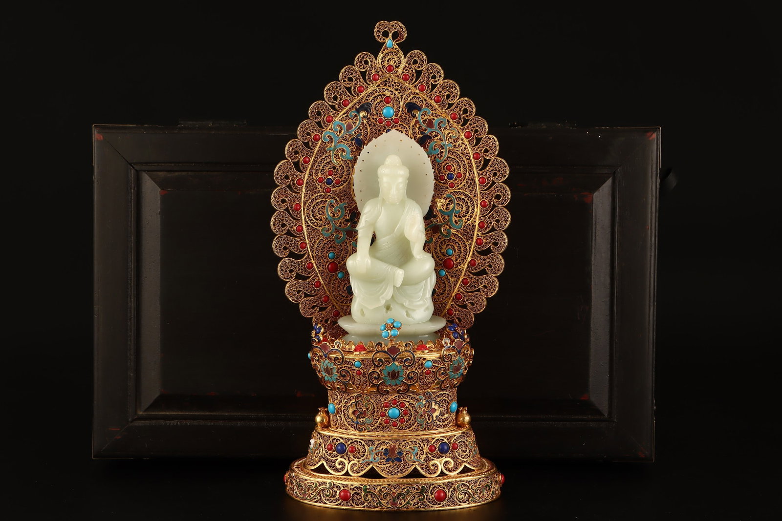 A Rare Filigree and Gilding Inlaid White Jade Buddha Statue Ornament,Inlaid Turquoise: A Rare Filigree and Gilding Inlaid White Jade Buddha Statue Ornament,Inlaid Turquoise,Qing Dynasty,China,Qianlong Four-character Mark,Size:13.4inx6.5in,(Buddha Statue)6.3in,Weight:1190g花丝