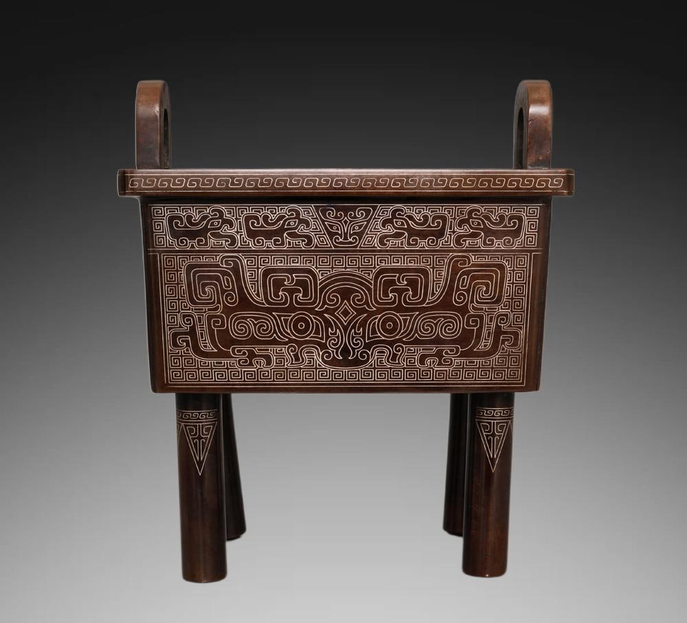An Exquisite Bronze inlaid Silver Wire Beast-Face Pattern Four-Legs Censer: An Exquisite Bronze inlaid Silver Wire Beast-Face Pattern Four-Legs Censer,Ming Dynasty, China,With Mark,Size:7.7inx6.5in,Weight:3859g
