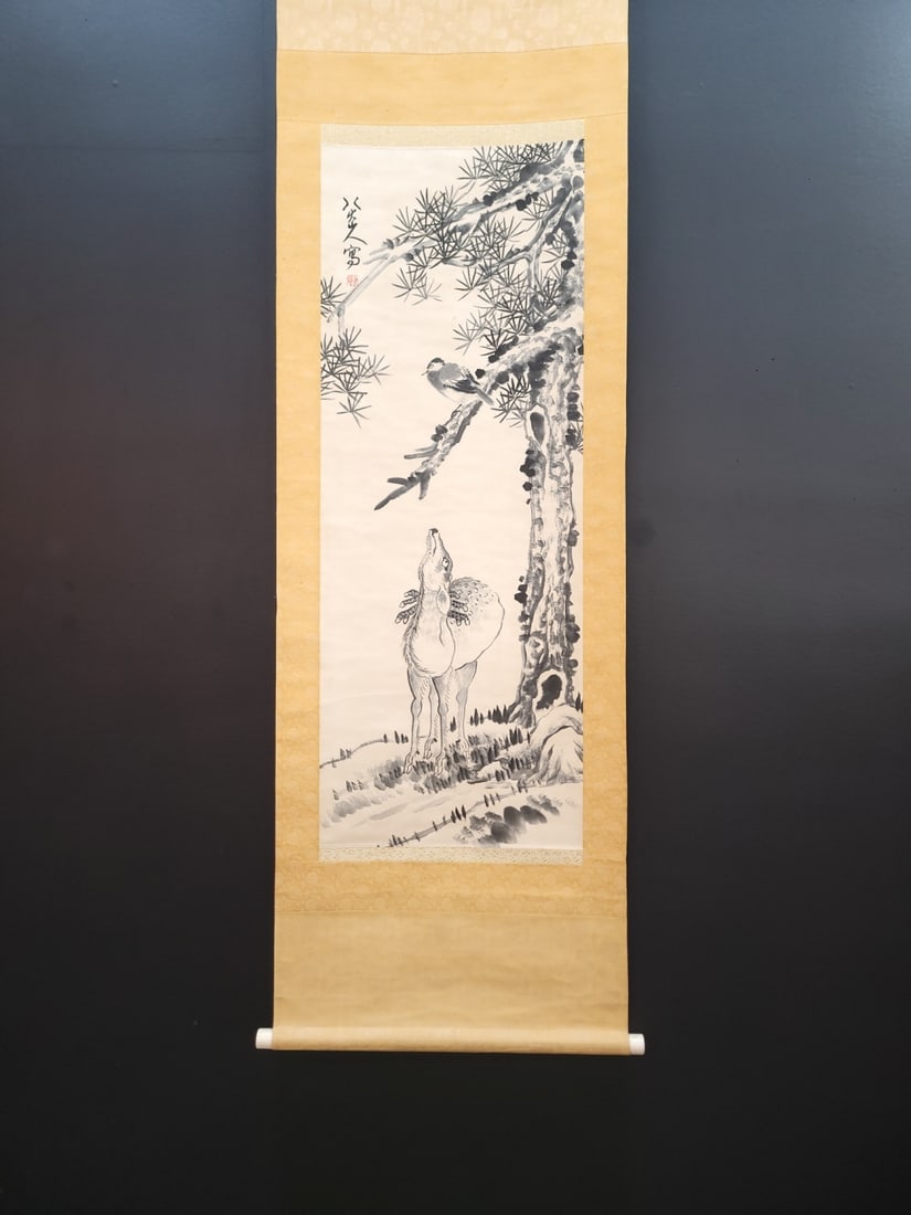 A Chinese Vertical Scroll Ink Painting of Deer on Paper: A Chinese Vertical Scroll Ink Painting of Deer on Paper,Qing Dynasty, China,Bada Shanren,without frame size:15.4inx40.9in 一幅中国水墨纸本鹿ஹ