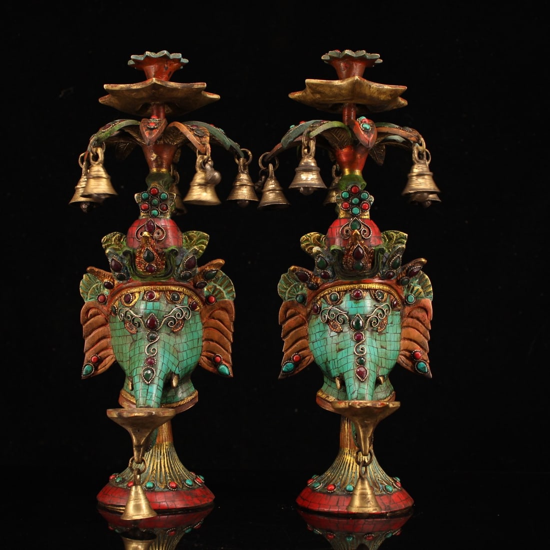 A pair of Exquisite Bronze Inlaid Gems Painted Gold Elephant Candlestick (1 of 9)
