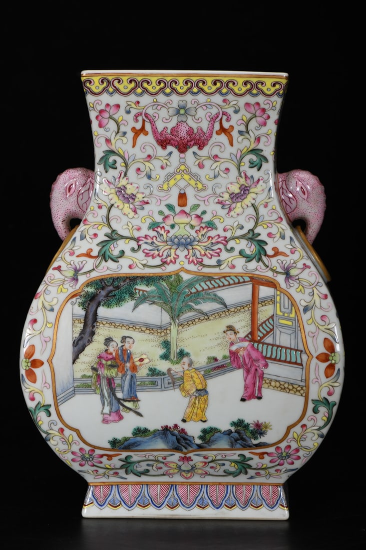 An Exquisite Famille-Rose Character and Story Pattern Elephant-Ears Vase: An Exquisite Famille-Rose Character and Story Pattern Elephant-Ears Vase,Qing Dynasty, China,Qianlong Six-character Mark,Size:10.7inx4.9inx7.7inx5in 粉彩人物故事