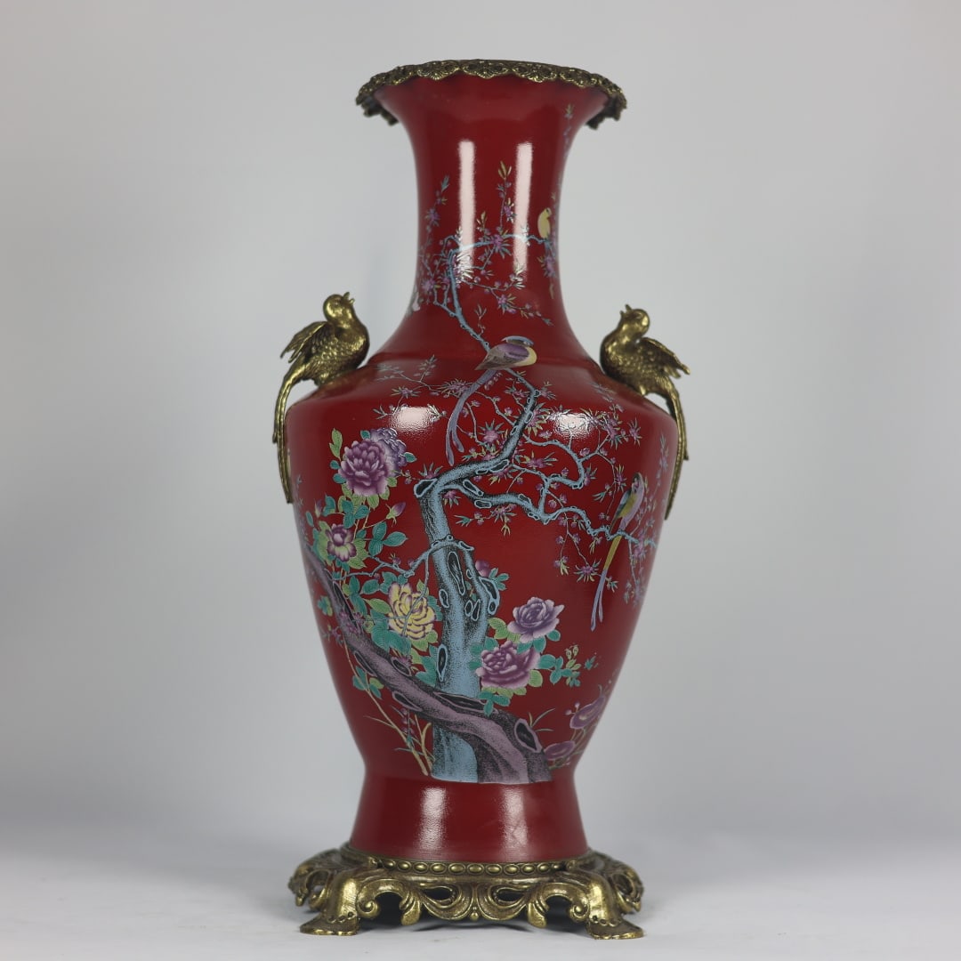 An Exquisite Ji Red Ground Famille-Rose Flower and Bird Pattern Copper-Inlaid Double-Ears Vase: An Exquisite Ji Red Ground Famille-Rose Flower and Bird Pattern Copper-Inlaid Double-Ears Vase,Qing Dynasty, China,Kangxi Six-character Mark,Size:18.3inx5.9inx8.7inx7.7in 霁红地ľ