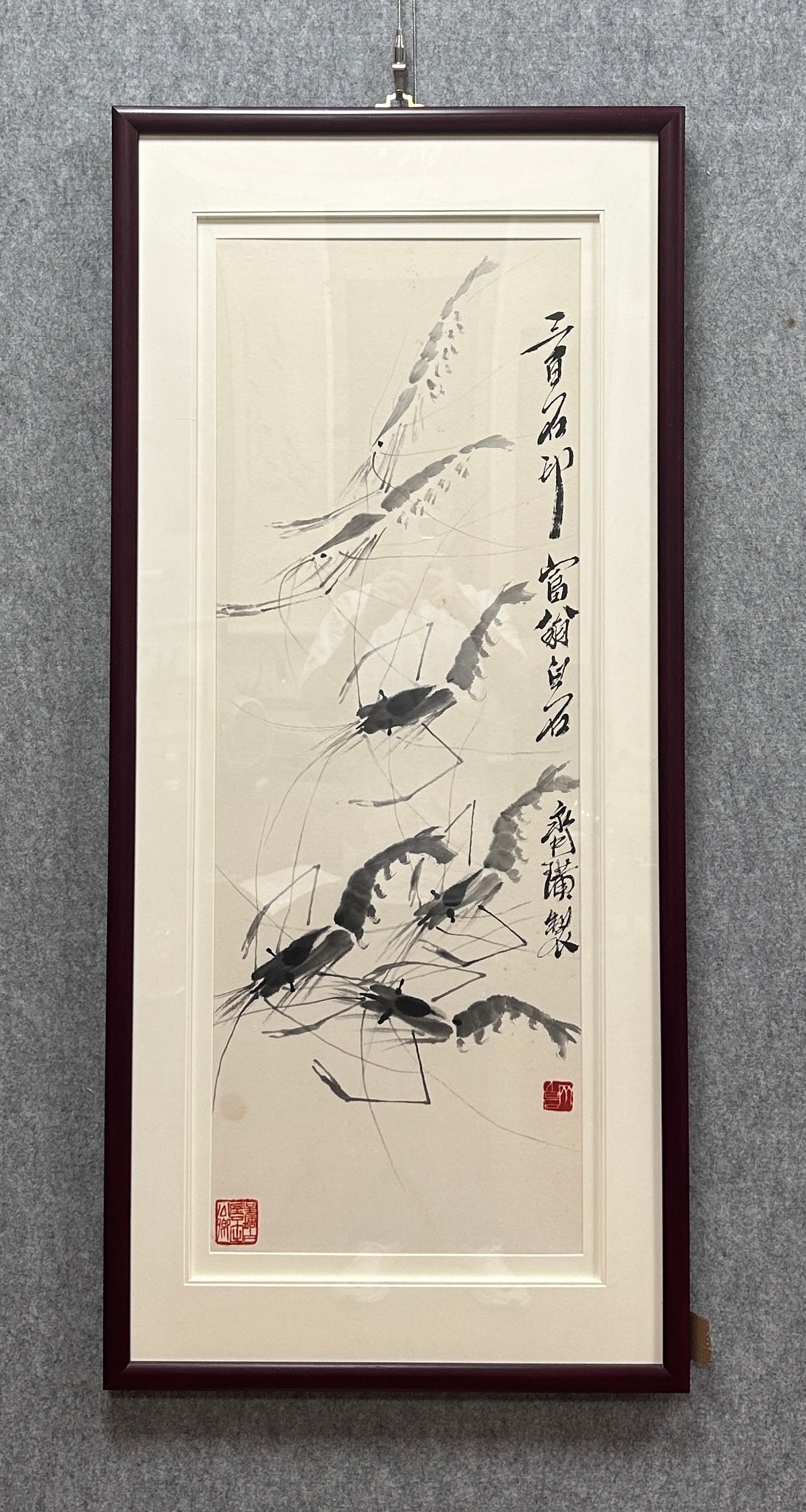 A Chinese Ink Painting of Shrimp on Paper, With a Frame: A Chinese Ink Painting of Shrimp on Paper, With a Frame,Modern Time of China,Qi Baishi,without frame size:14.2inx38.2in