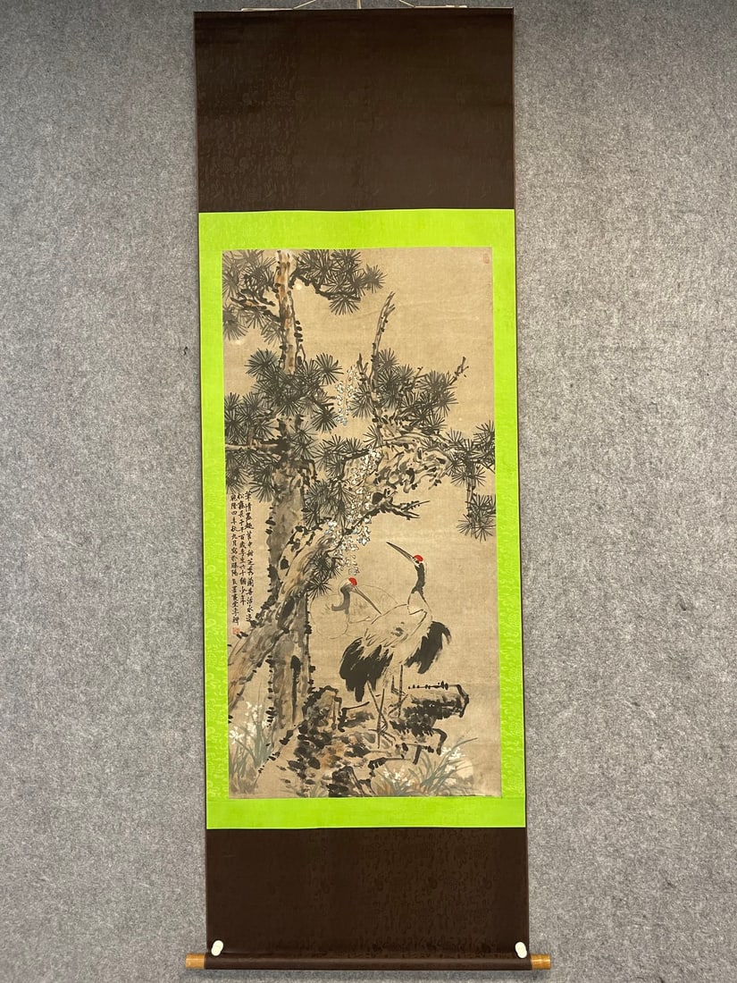 A Chinese Vertical Scroll Ink Painting of Crane on Paper: A Chinese Vertical Scroll Ink Painting of Crane on Paper,Qing Dynasty, China,Li Shan,without frame size:27.6inx53.1in