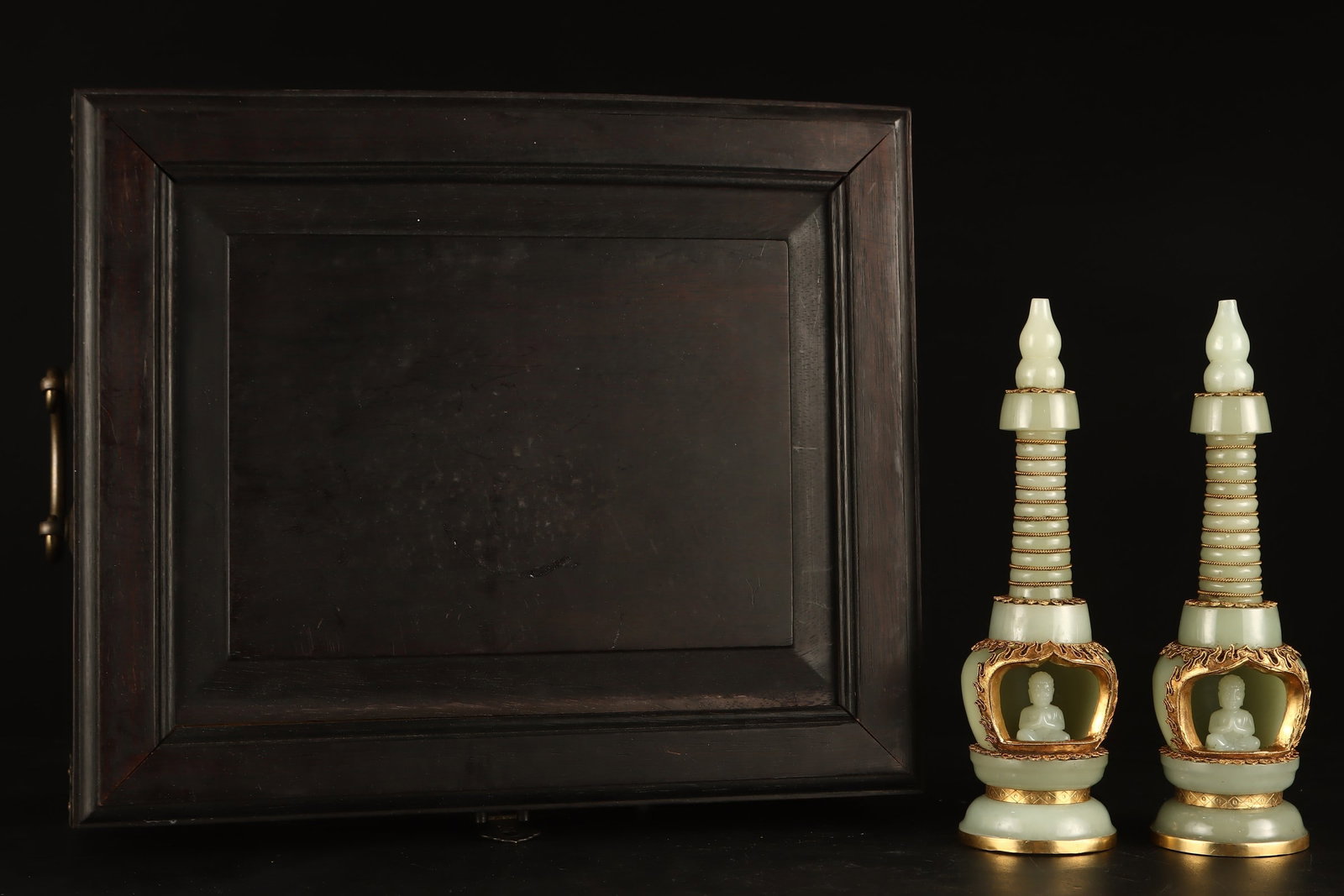 A pair of Exquisite Gilt Bronze Inlaid Jade Pagoda: A pair of Exquisite Gilt Bronze Inlaid Jade Pagoda,Qing Dynasty, China,Size:8.3inx2.4in,Weight:407g