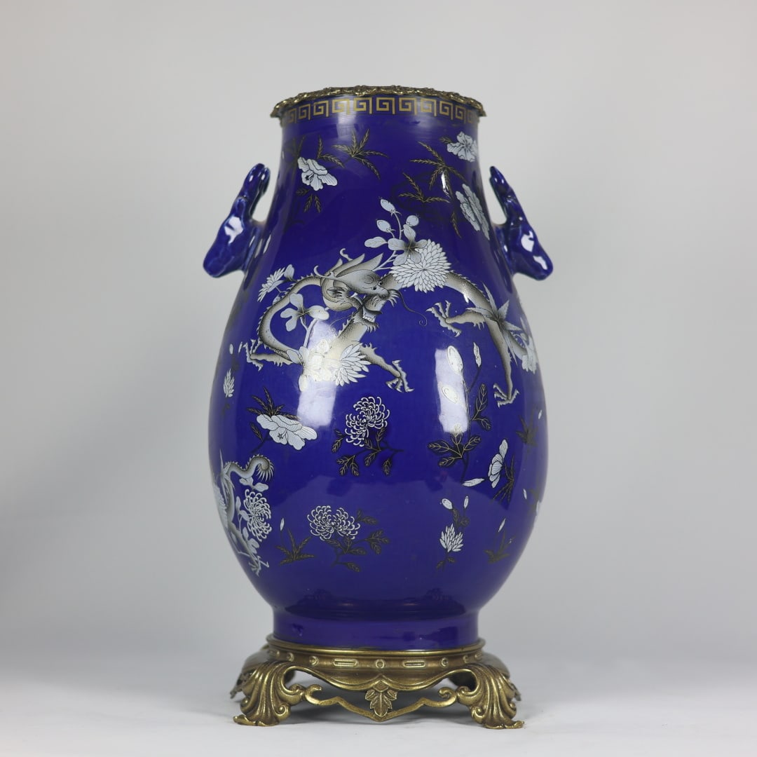 An Exquisite Ji Blue Ground Dragon Pattern Copper-Inlaid Deer-Head Vase: An Exquisite Ji Blue Ground Dragon Pattern Copper-Inlaid Deer-Head Vase,Qing Dynasty, China,With Mark,Size:17.7inx6.3inx9.4inx9.4in