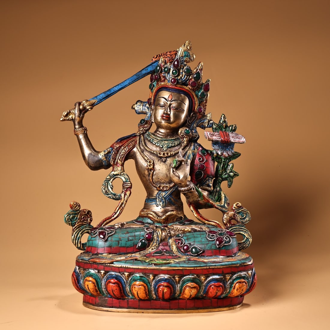 An Exquisite Bronze Inlaid Gems Painted Gold Buddha Statue: An Exquisite Bronze Inlaid Gems Painted Gold Buddha Statue,Ming Dynasty, China,Size:11.8inx9.1in,Weight:3000g 铜镶宝石描金佛像,中国明&