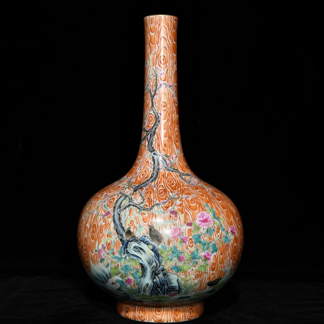 An Exquisite Imitation Wood Grain Glaze Famille-Rose Flower and Bird Pattern Vase: An Exquisite Imitation Wood Grain Glaze Famille-Rose Flower and Bird Pattern Vase,Qing Dynasty, China,Yongzheng Six-character Mark,Size:16.9inx9.8in 木纹釉粉彩花