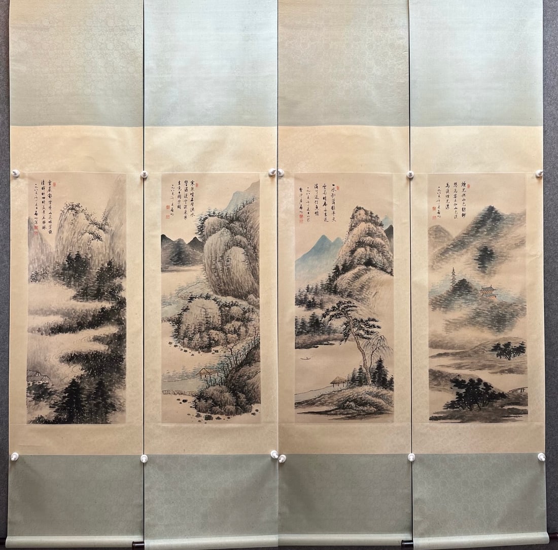 A Set of Four Chinese Vertical Scroll Ink Paintings of Landscape on Paper: A Set of Four Chinese Vertical Scroll Ink Paintings of Landscape on Paper,Modern Time of China,Qi Gong,without frame size:16.5inx41.3in
