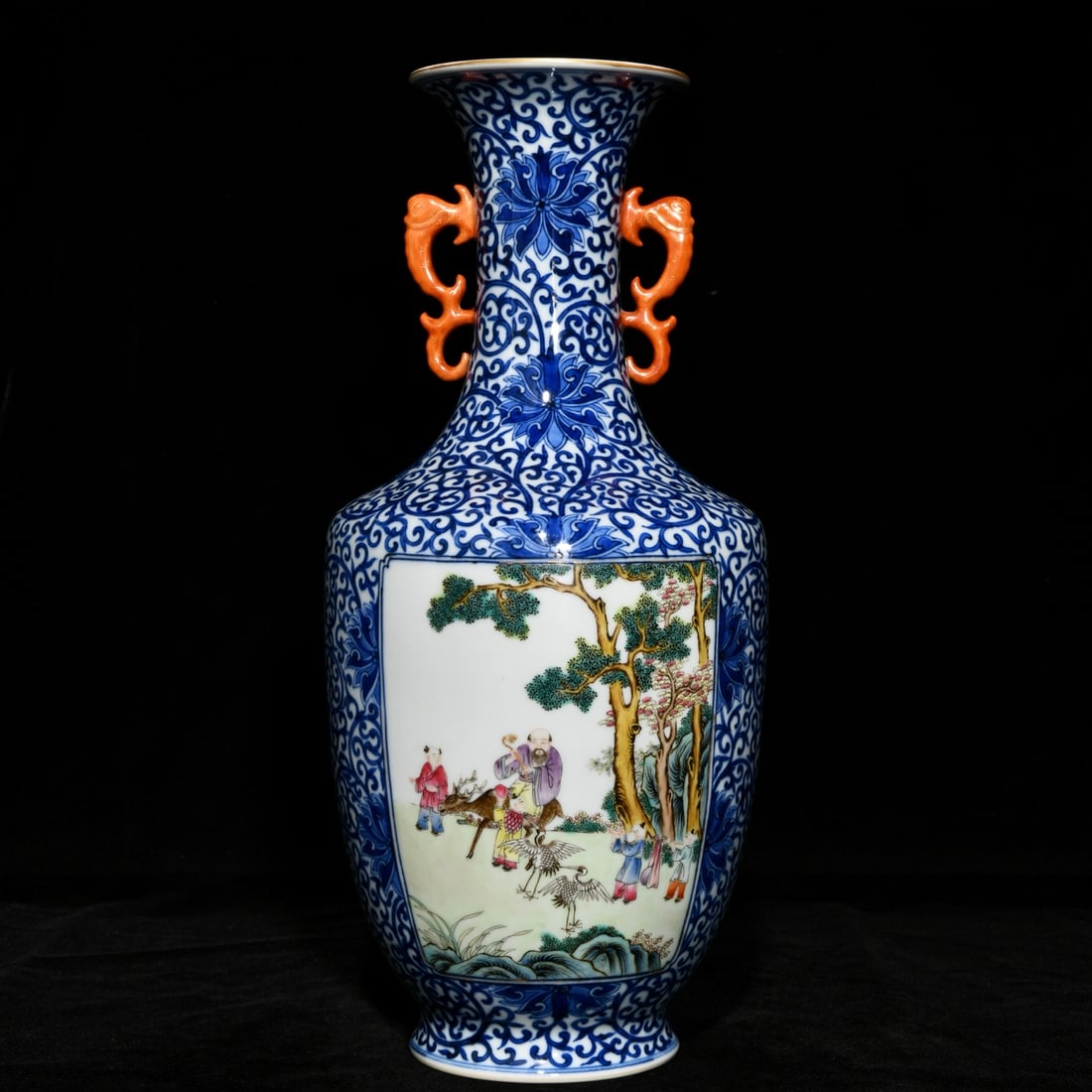 An Exquisite Blue and White Famille-Rose Figures and Story Pattern Double-Ears Vase: An Exquisite Blue and White Famille-Rose Figures and Story Pattern Double-Ears Vase,Qing Dynasty, China,Qianlong Six-character Mark,Size:13.6inx6.1in