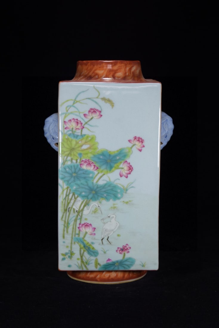 An Exquisite Iron-Red Gilt Flower and Bird Pattern Elephant-Ears Vase: An Exquisite Iron-Red Gilt Flower and Bird Pattern Elephant-Ears Vase,Qing Dynasty, China,Qianlong Six-character Mark,Size:13.8inx7.9in