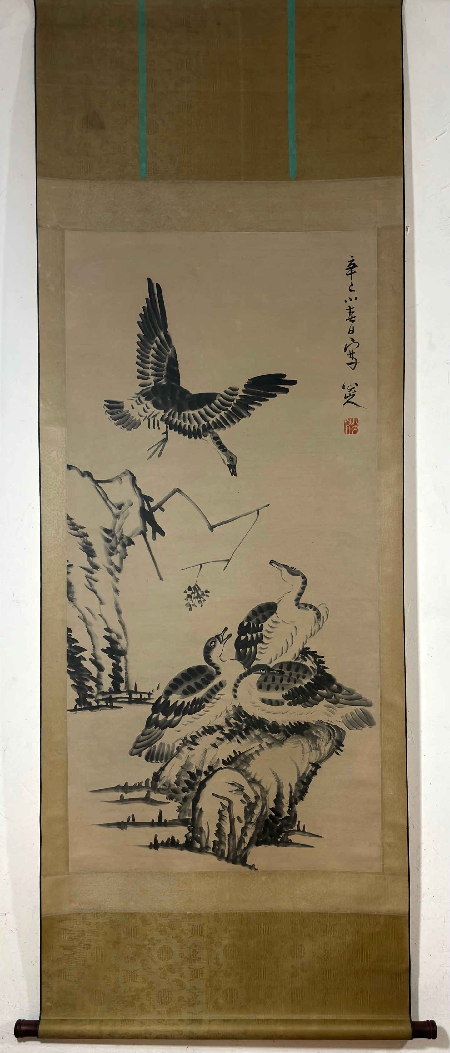A Chinese Vertical Scroll Ink Painting of Flowers and Birds on Paper: A Chinese Vertical Scroll Ink Painting of Flowers and Birds on Paper,Qing Dynasty, China,Bada Shanren,without frame size:53.7inx26.4in 一幅中国水墨纸本&