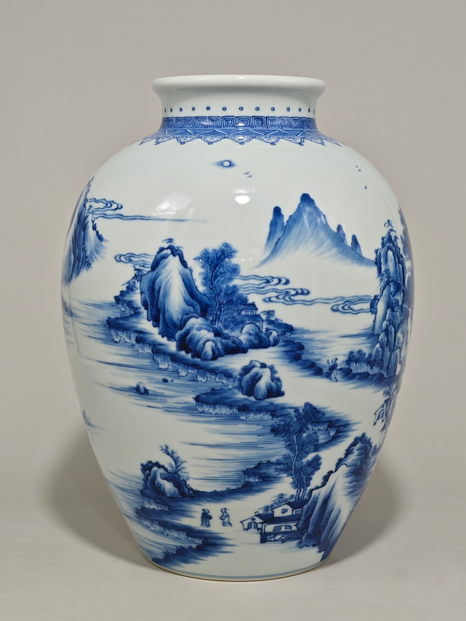 An Exquisite Blue and White Landscape Pattern Jar: An Exquisite Blue and White Landscape Pattern Jar,Qing Dynasty, China,Yongzheng Six-character Mark,Size:13.4inx9.4in