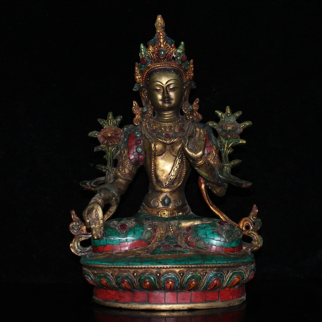 An Exquisite Bronze Inlaid Red Turquoise‑Green Turquoise Gems Figure Of White Tara: An Exquisite Bronze Inlaid Red Turquoise‑Green Turquoise Gems Figure Of White Tara,Ming Dynasty, China,Size:7.9inx5.5inx12.6in,Weight:4350g