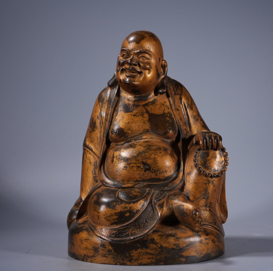 An Exquisite Coppery Statue of Maitreya Buddha: An Exquisite Coppery Statue of Maitreya Buddha,Qing Dynasty, China,Size:8.7inx5.9in,Weight:3235g 紫铜弥勒佛造像,中国清代