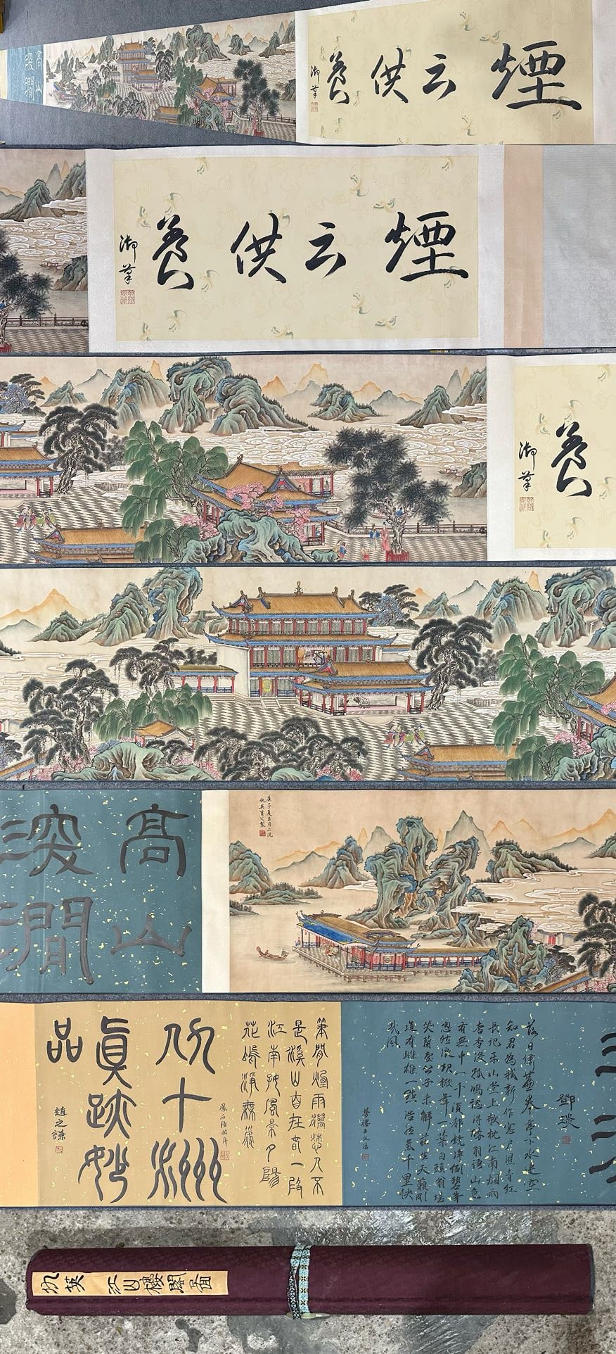 A Chinese Hand Scroll Ink Painting of Landscape on Silk: A Chinese Hand Scroll Ink Painting of Landscape on Silk,Ming Dynasty, China,Qiu Ying,without frame size:275.6inx23.6in 一幅中国水墨绢本山水&