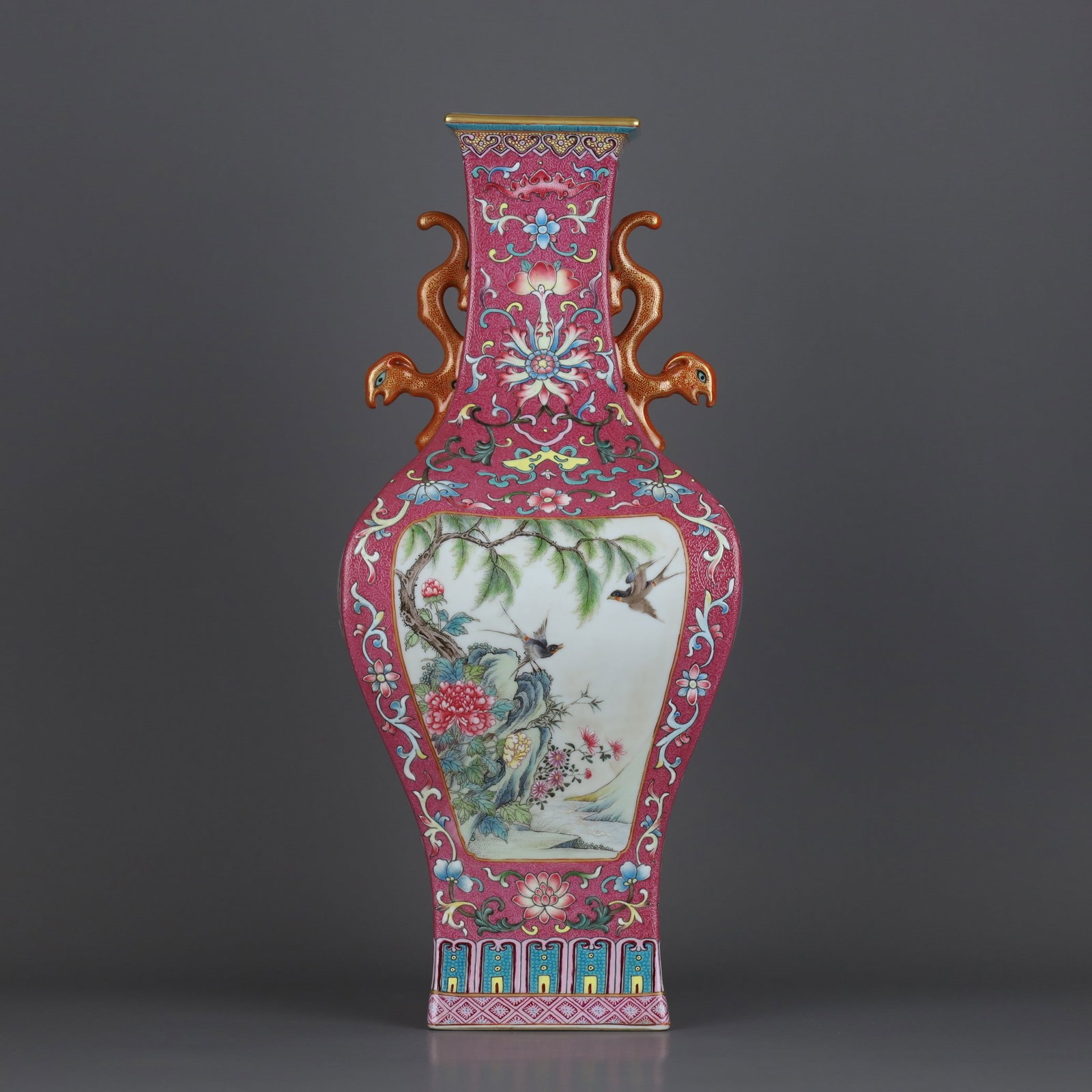 An Exquisite Ruby Red-Glazed Famille-Rose Flower and Bird Pattern Dragon-Ears Vase: An Exquisite Ruby Red-Glazed Famille-Rose Flower and Bird Pattern Dragon-Ears Vase,Qing Dynasty, China,Qianlong Six-character Mark,Size:15.7inx6.9in 胭脂红粉彩花