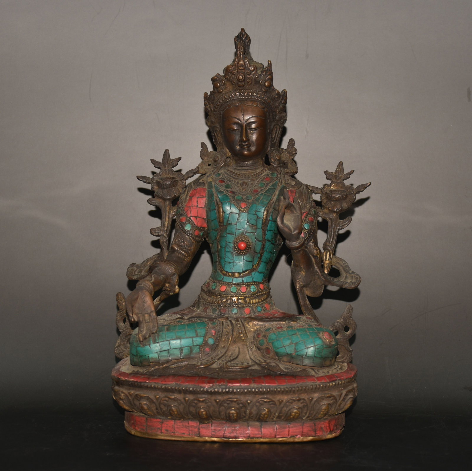 An Exquisite Bronze Inlaid Red Turquoise‑Green Turquoise Gems Figure Of White Tara: An Exquisite Bronze Inlaid Red Turquoise‑Green Turquoise Gems Figure Of White Tara,Ming Dynasty, China,Size:7.9inx4.3inx12.2in,Weight:3840g