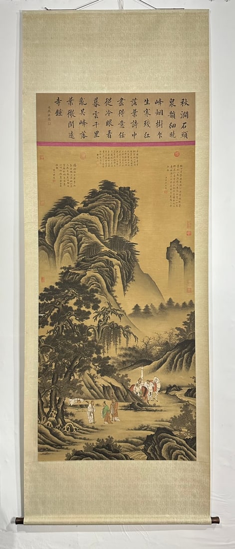A Chinese Vertical Scroll Ink Painting of Landscape on Silk: A Chinese Vertical Scroll Ink Painting of Landscape on Silk,Ming Dynasty, China,Qiu Ying,without frame size:68.9inx33.9in 一幅中国水墨绢本山૒