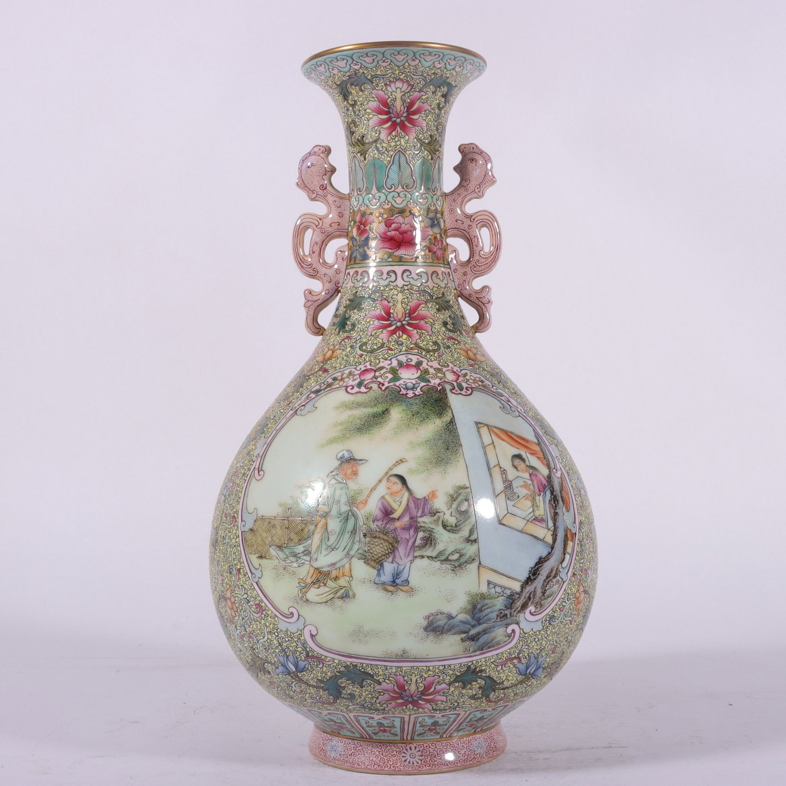 An Exquisite Famille-Rose Figures Pattern Dragon-Ears Vase: An Exquisite Famille-Rose Figures Pattern Dragon-Ears Vase,Qing Dynasty, China,Qianlong Four-character Mark,Size:12.1inx3.3inx6.3inx3.3in