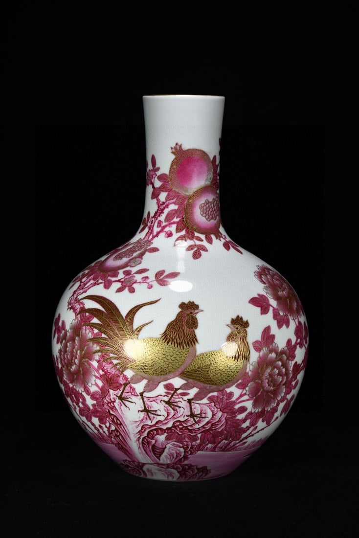 An Exquisite Ruby Red-Glazed Painted Gold Fowl Pattern Vase: An Exquisite Ruby Red-Glazed Painted Gold Fowl Pattern Vase,Qing Dynasty, China,Qianlong Six-character Mark,Size:18.1inx11in 胭脂红釉描金鸡纹瓶,&#