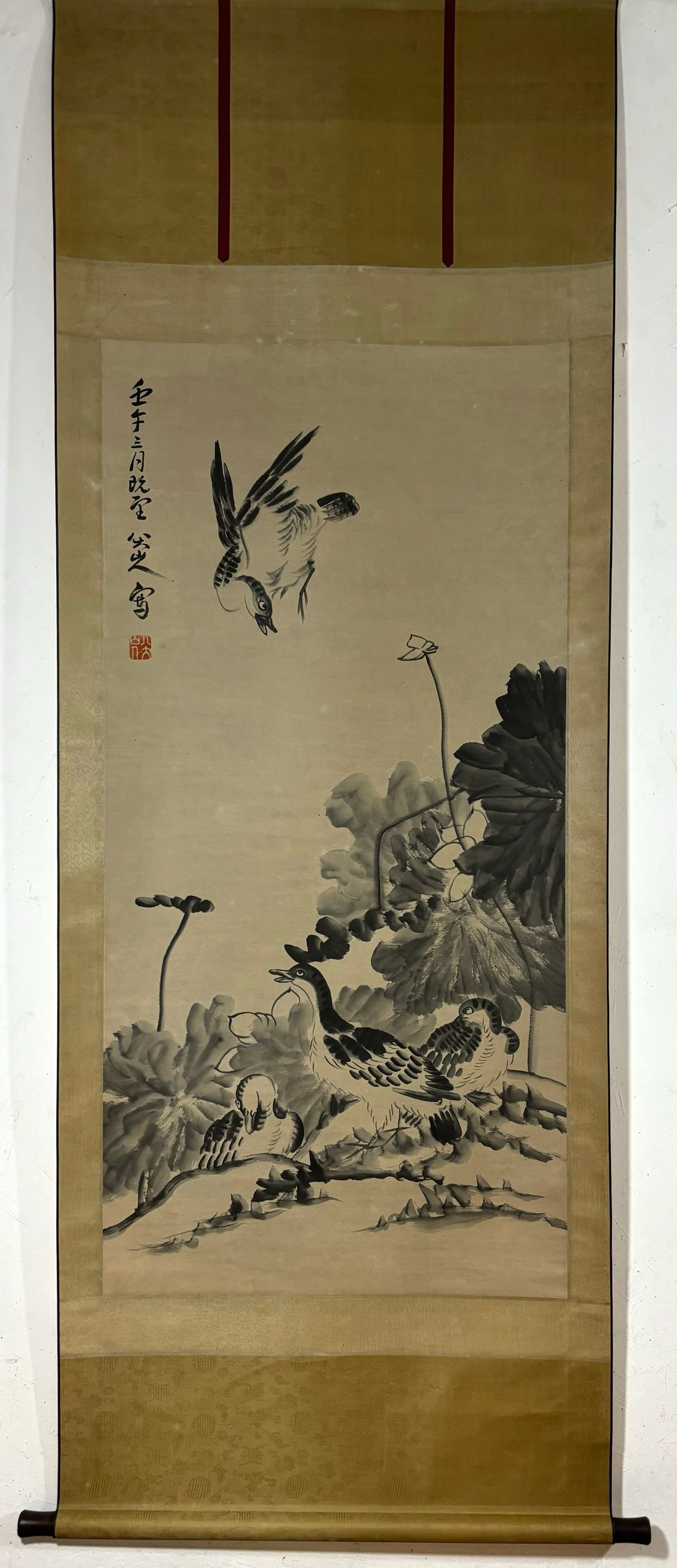 A Chinese Vertical Scroll Ink Painting of Flowers and Birds on Paper: A Chinese Vertical Scroll Ink Painting of Flowers and Birds on Paper,Qing Dynasty, China,Bada Shanren,without frame size:53.7inx26.4in 一幅中国水墨纸本&