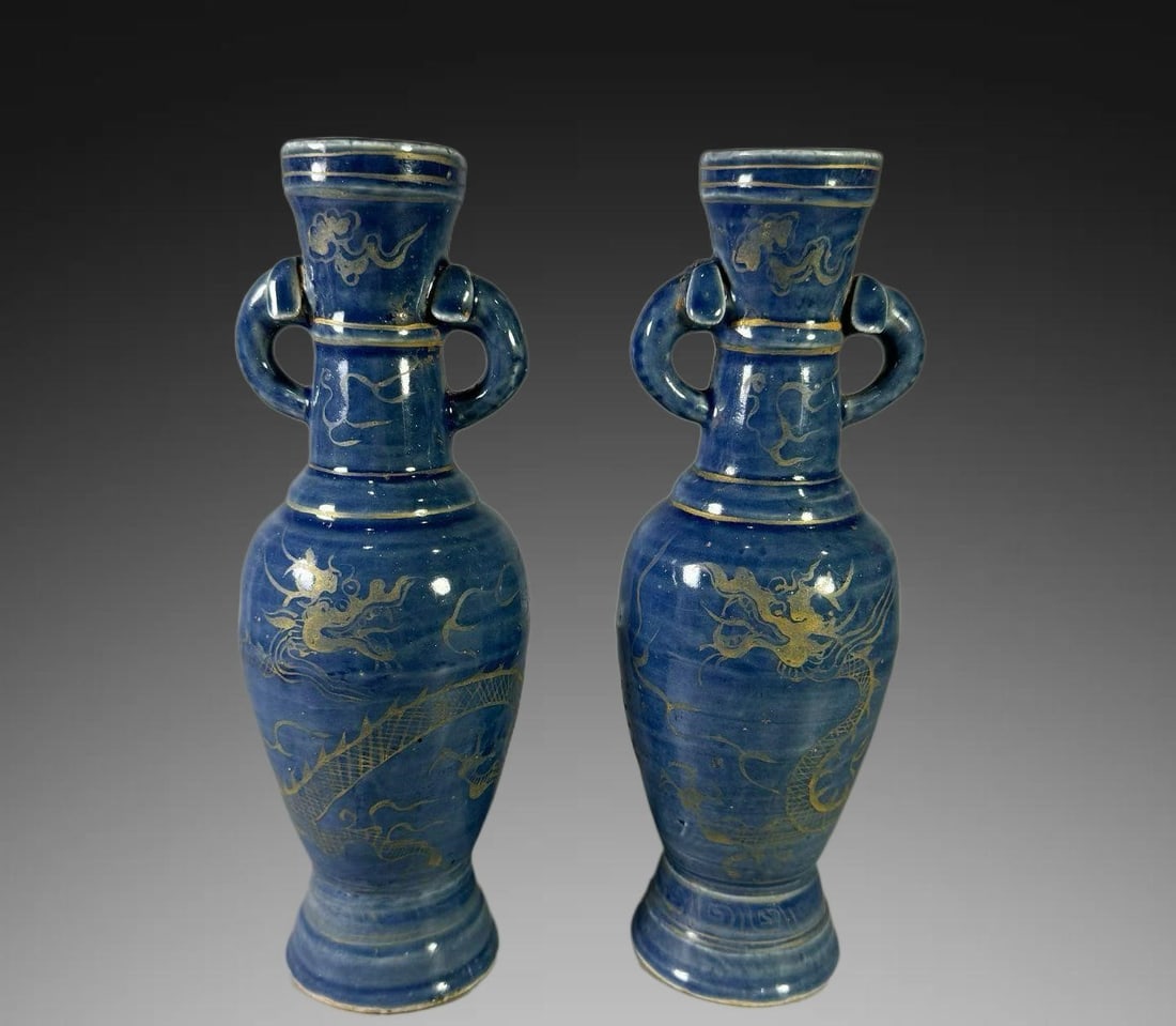 A pair of Exquisite Ji Blue Glazed Painted Gold Dragon Pattern Double-Ears Vase: A pair of Exquisite Ji Blue Glazed Painted Gold Dragon Pattern Double-Ears Vase,Yuan Dynasty, China,Size:8.1inx3.3in