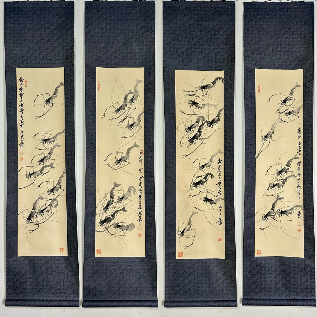 A Set of Chinese Vertical Scroll Ink Paintings of Shrimps on Paper (Four Pieces): A Set of Chinese Vertical Scroll Ink Paintings of Shrimps on Paper (Four Pieces),Modern Time of China,Qi Baishi,without frame size:49.6inx13in 一套中国水墨纸&