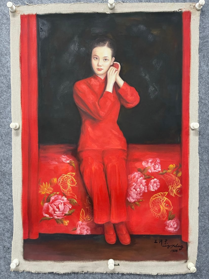 A Chinese Oil Painting of Figures: A Chinese Oil Painting of Figures,Modern Time of China,Wang Yidong,without frame size:23.6inx35.4in 一幅中国人物油画,近现代,王&#