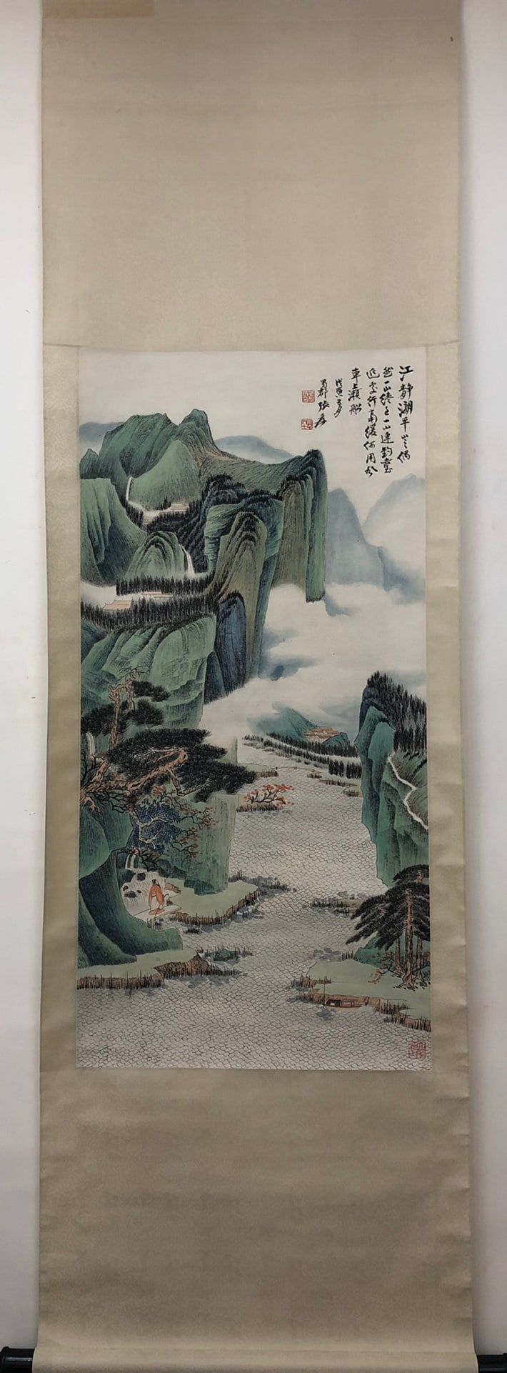A Chinese Vertical Scroll Ink Painting of Landscape on Paper: A Chinese Vertical Scroll Ink Painting of Landscape on Paper,Modern Time of China,Zhang Daqian,without frame size:40.6inx19.7in 一幅中国水墨纸本山