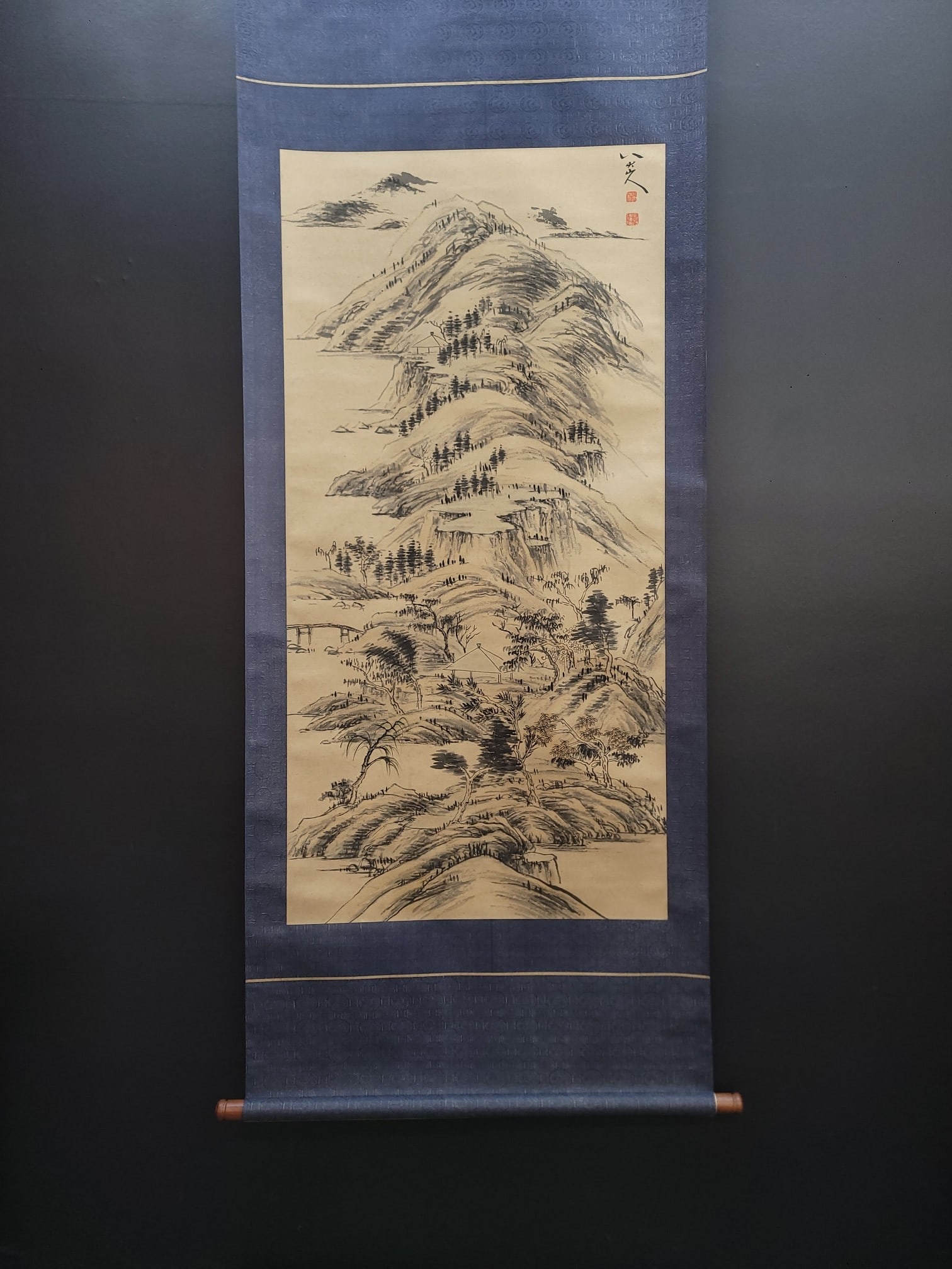 A Chinese Vertical Scroll Ink Painting of Landscape on Paper: A Chinese Vertical Scroll Ink Painting of Landscape on Paper,Qing Dynasty, China,Bada Shanren,without frame size:26.8inx54.3in 一幅中国水墨纸本山&
