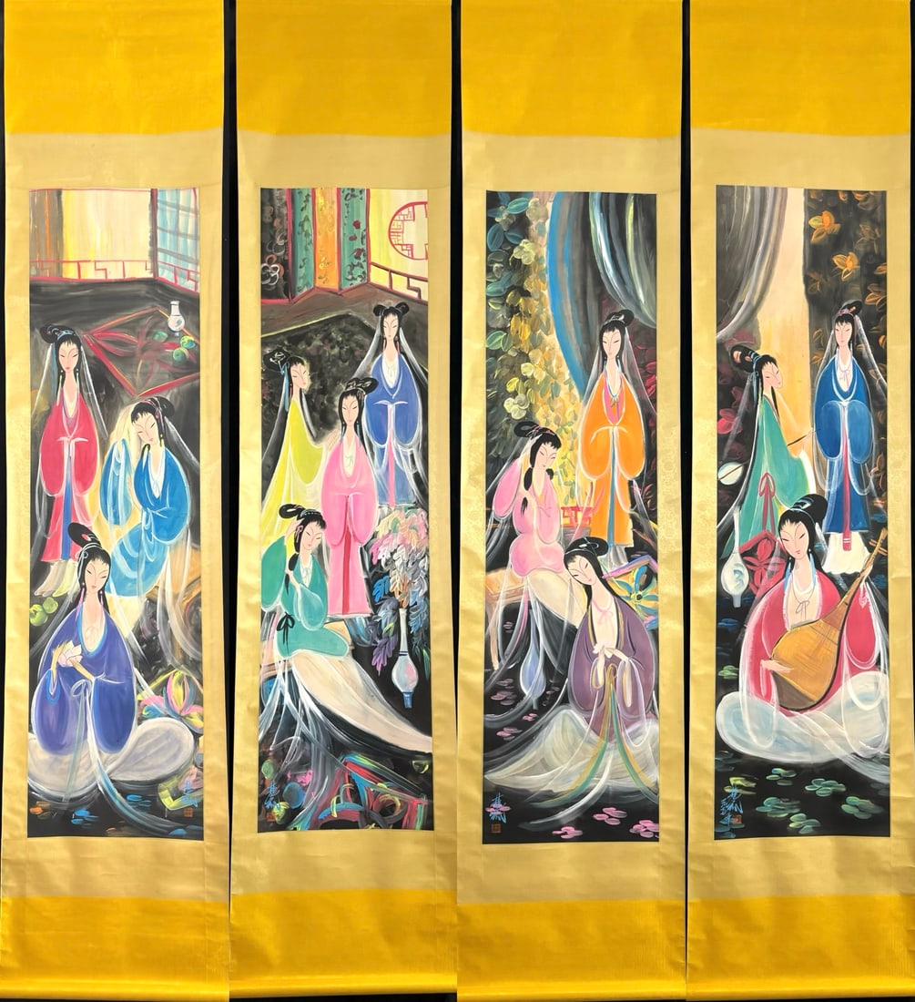 A Set of Chinese Vertical Scroll Ink Paintings of Figures on Paper (Four Pieces): A Set of Chinese Vertical Scroll Ink Paintings of Figures on Paper (Four Pieces),Modern Time of China,Lin Fengmian,without frame size:70.3inx18.9in 一套中国水墨 