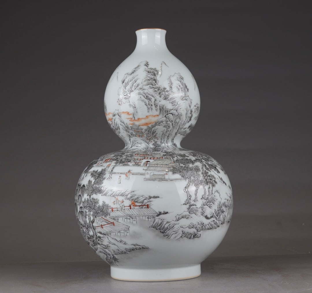 An Exquisite Ink Color Landscape and Figures Pattern Gourd Vase (1 of 9)