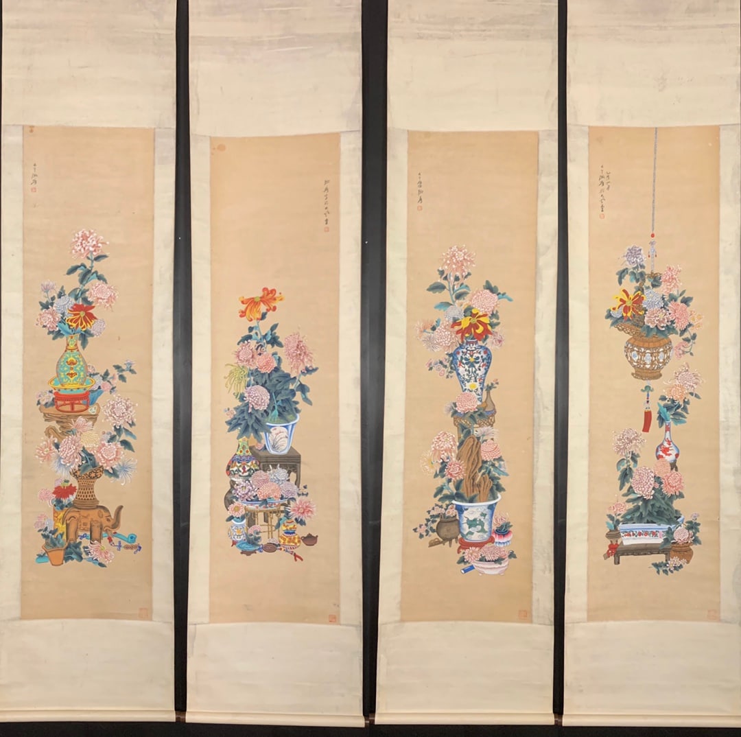 A Set of Chinese Vertical Scroll Ink Paintings of Flowers on Paper (Four Pieces): A Set of Chinese Vertical Scroll Ink Paintings of Flowers on Paper (Four Pieces),Modern Time of China,Zhang Daqian,without frame size:66.9inx17.7in 一套中国水墨 