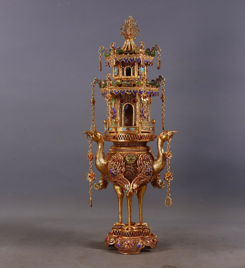 An Exquisite Filigree Gilt Inlaid Gems Crane Pattern Pagoda Censer: An Exquisite Filigree Gilt Inlaid Gems Crane Pattern Pagoda Censer,Qing Dynasty, China,Qianlong Four-character Mark,Size:13inx5.3inx4.9in,Weight:915g 花丝鎏金镶嵌&#