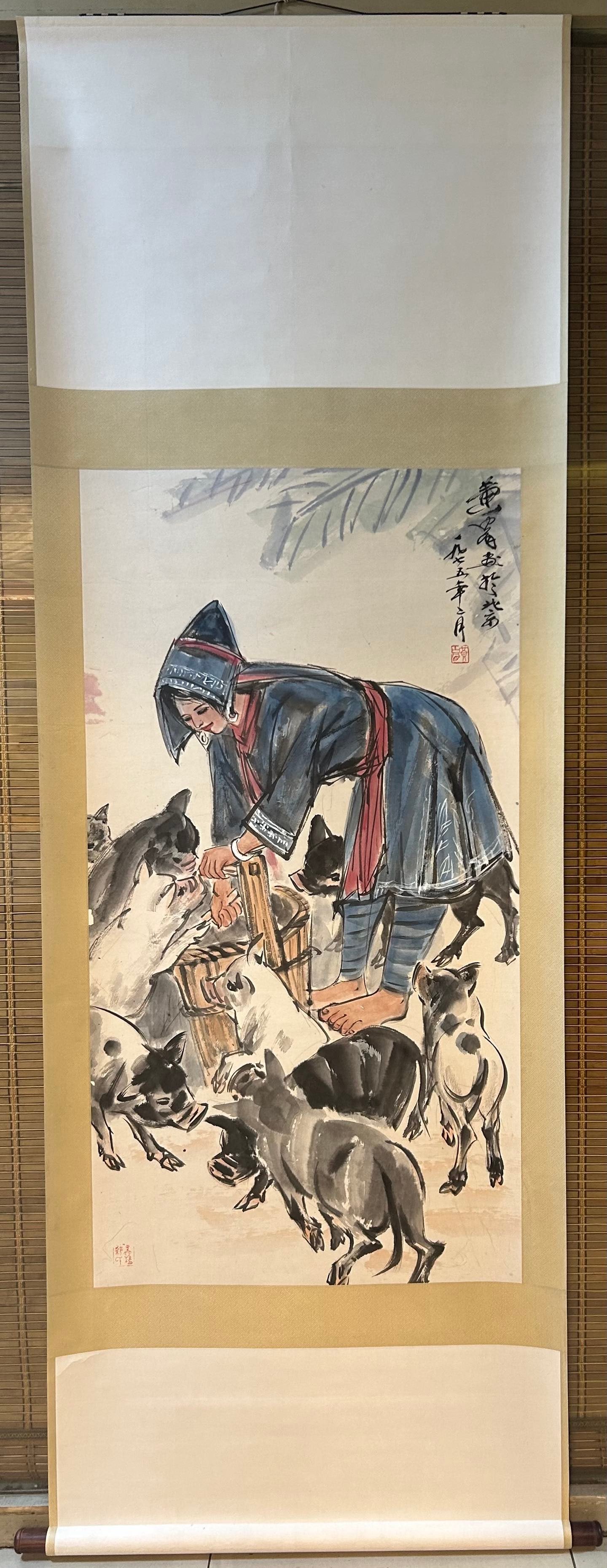 A Chinese Vertical Scroll Ink Painting of Figures on Paper: A Chinese Vertical Scroll Ink Painting of Figures on Paper,Modern Time of China,Huang Zhou,without frame size:54.7inx27.6in 一幅中国水墨纸本人