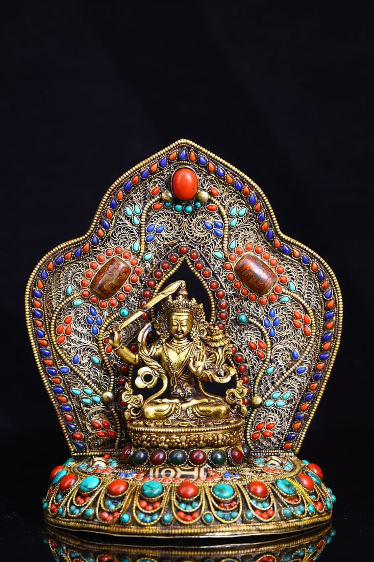 An Exquisite Silver Inlaid Gems Statue of Manjusri Ornament: An Exquisite Silver Inlaid Gems Statue of Manjusri Ornament,Qing Dynasty, China,Size:7.9inx6.7in,Weight:780g 银镶嵌宝石文殊菩萨摆件,&#