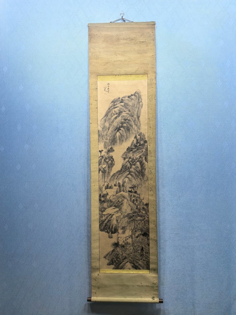 A Chinese Vertical Scroll Ink Painting of Landscape on Paper: A Chinese Vertical Scroll Ink Painting of Landscape on Paper,Qing Dynasty, China,Bada Shanren,without frame size:13.5inx50.5in 一幅中国水墨纸本山&
