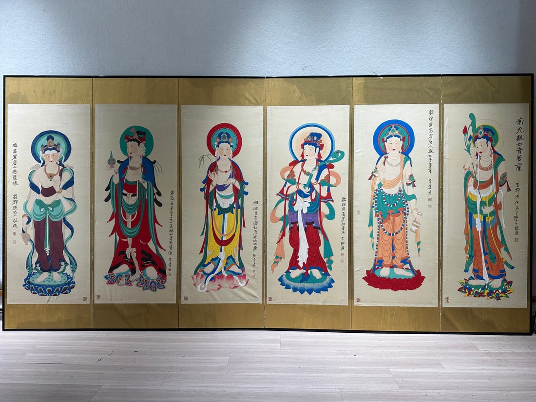 A Set of Six Chinese Ink Paintings of Buddha on Paper: A Set of Six Chinese Ink Paintings of Buddha on Paper,Modern Time of China,Zhang Daqian,without frame size:21.9inx53.5in 一套中国水墨纸本佛画