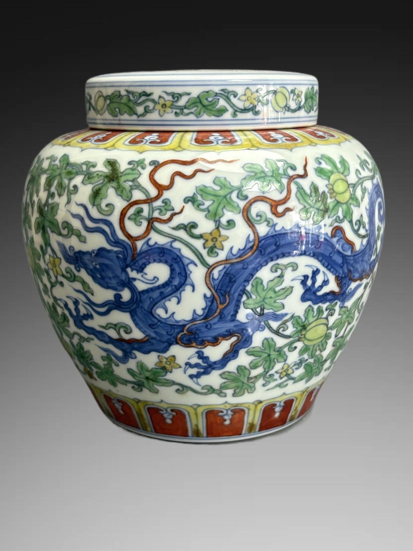 An Exquisite Blue and White Doucai Melon and Fruit Dragon Pattern Jar (1 of 9)