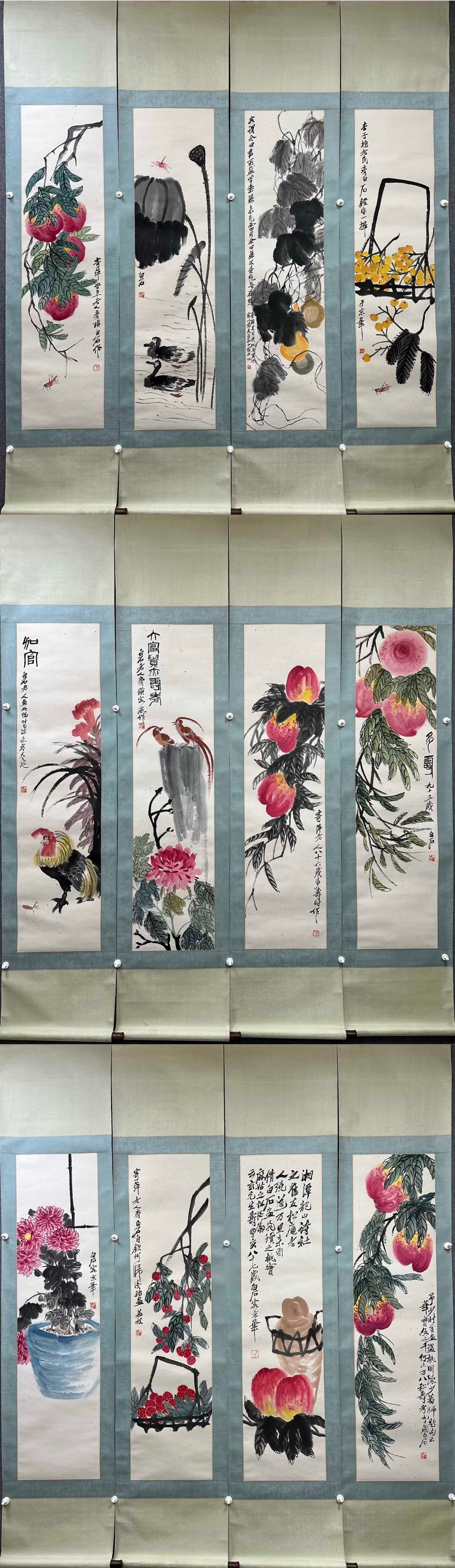 A Set of Twelve Chinese Vertical Scroll Ink Paintings of Flowers and Fruits on Paper: A Set of Twelve Chinese Vertical Scroll Ink Paintings of Flowers and Fruits on Paper,Modern Time of China,Qi Baishi,without frame size:13.4inx53.1in 一套中国水墨