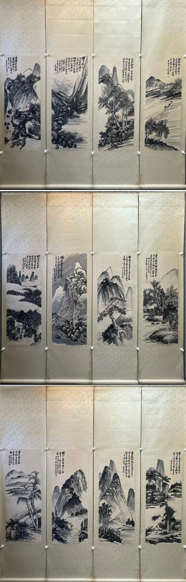 A Set of Twelve Chinese Vertical Scroll Ink Paintings of Landscape on Paper: A Set of Twelve Chinese Vertical Scroll Ink Paintings of Landscape on Paper,Modern Time of China,Wu Changshuo,without frame size:15.7inx41.7in 一套中国水墨纸&