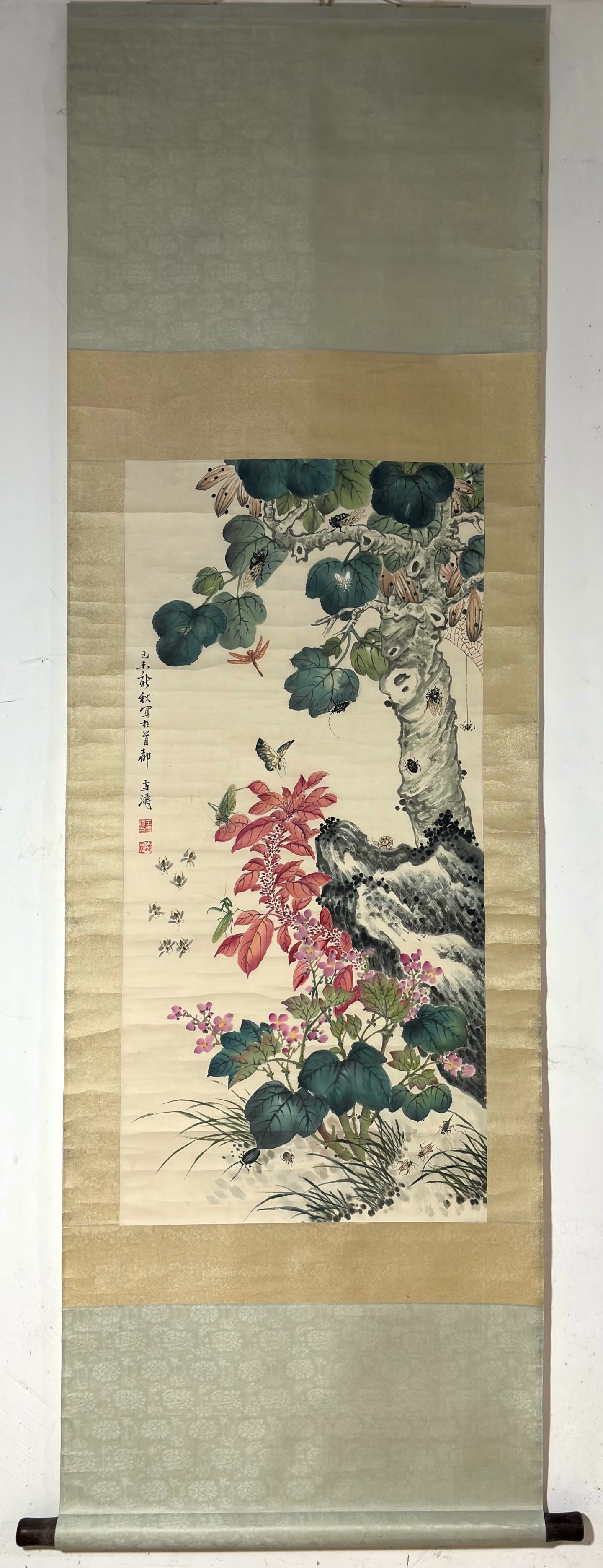 A Chinese Vertical Scroll Ink Painting of Flowers on Paper: A Chinese Vertical Scroll Ink Painting of Flowers on Paper,Modern Time of China,Wang Xuetao,without frame size:38inx18.1in 一幅中国水墨纸本花Õ