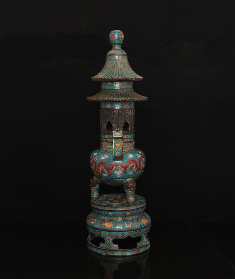 An Exquisite Cloisonne Pagoda-Shape Censer: An Exquisite Cloisonne Pagoda-Shape Censer,Qing Dynasty, China,Qianlong Six-character Mark,Size:31.5inx13.5in,Weight:24500g