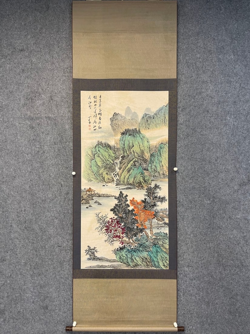 A Chinese Vertical Scroll Ink Painting of Landscape on Paper: A Chinese Vertical Scroll Ink Painting of Landscape on Paper,Modern Time of China,Pu Ru,without frame size:27.6inx51.2in 一幅中国水墨纸本山水