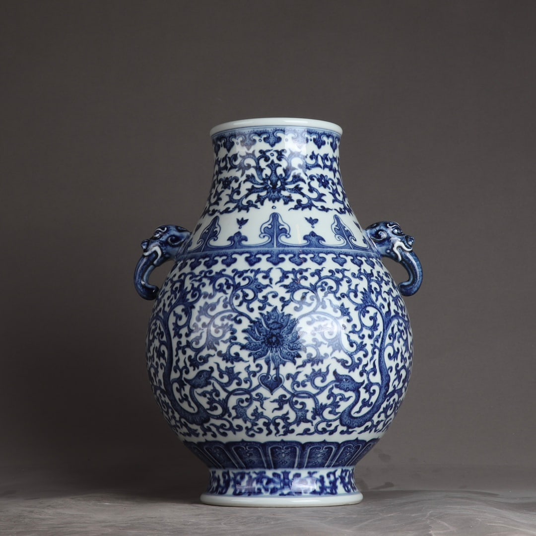 An Exquisite Blue and White Lotus Pattern Dragon-Ears Vase: An Exquisite Blue and White Lotus Pattern Dragon-Ears Vase,Qing Dynasty, China,Qianlong Six-character Mark,Size:12.6inx9.8in 青花缠枝莲纹龙耳瓶,&#