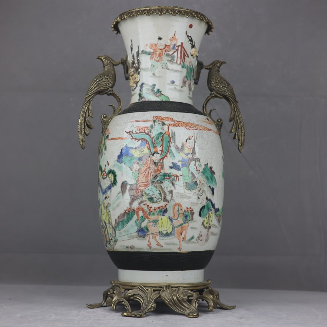 An Exquisite Wucai Inlaid Bronze Figures Pattern Fowl-Ears Vase (1 of 9)